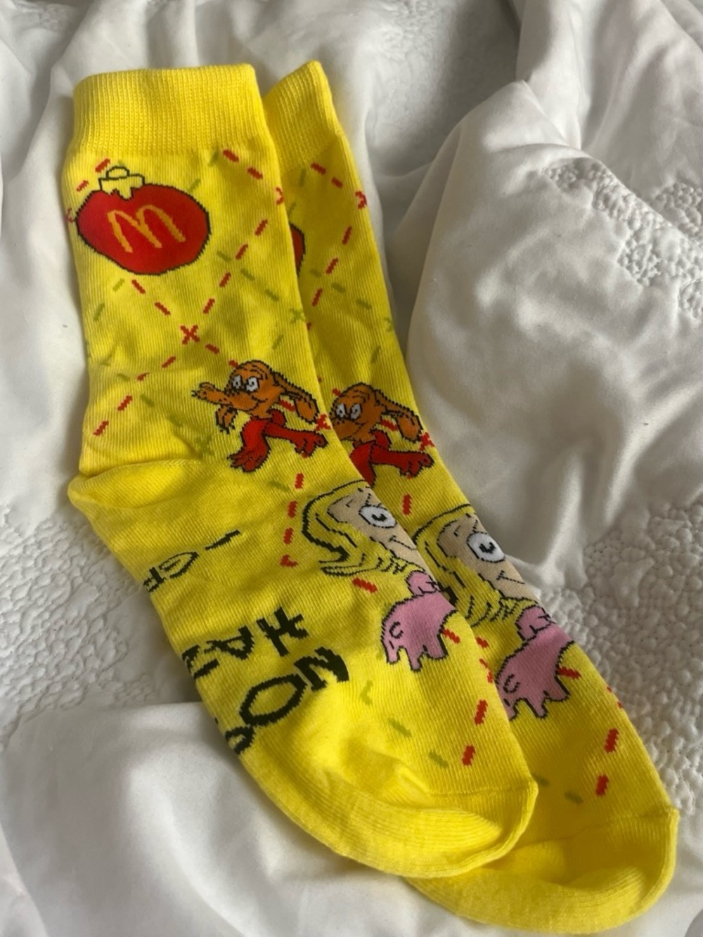 McDonald's Yellow Cartoon Crew Socks with Red and Pink Accents